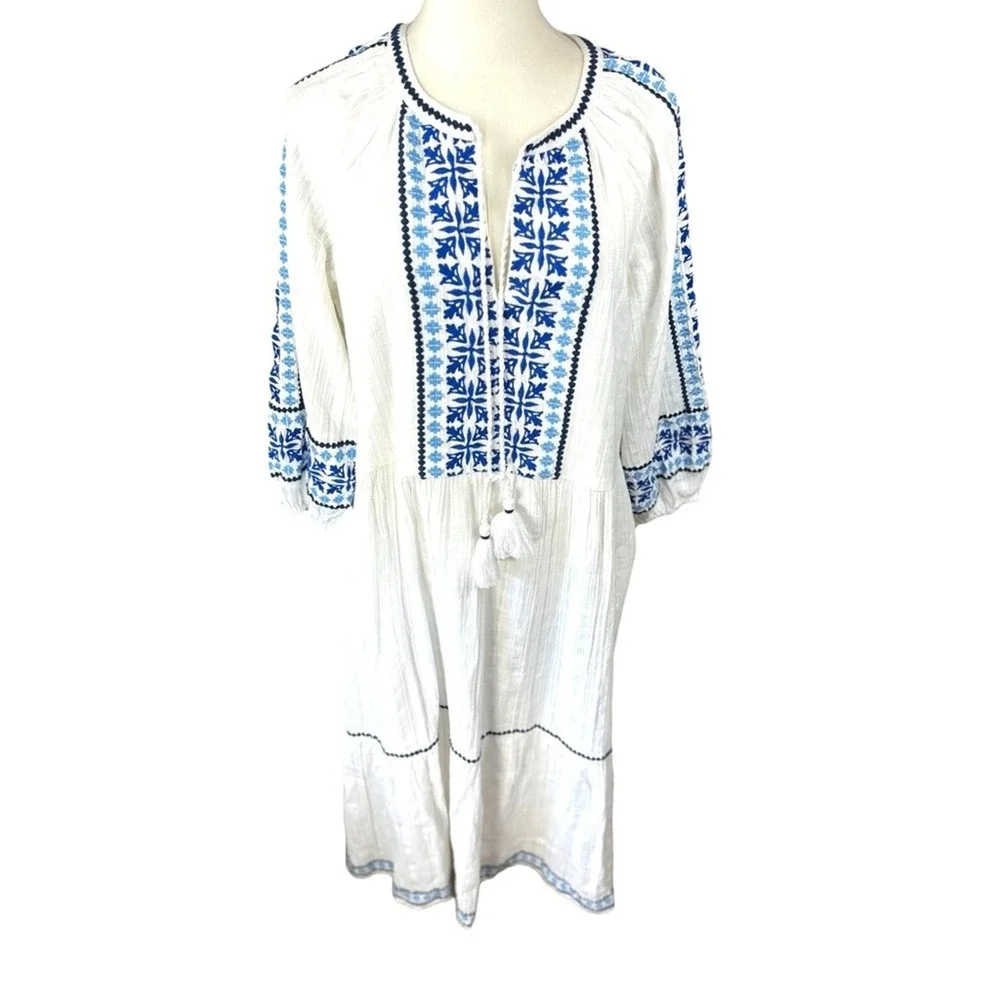 Tommy Bahama NWT Size LGE  Mykonos White &‎ Blue Embroidered  tiered midi Dress - Picture 5 of 16